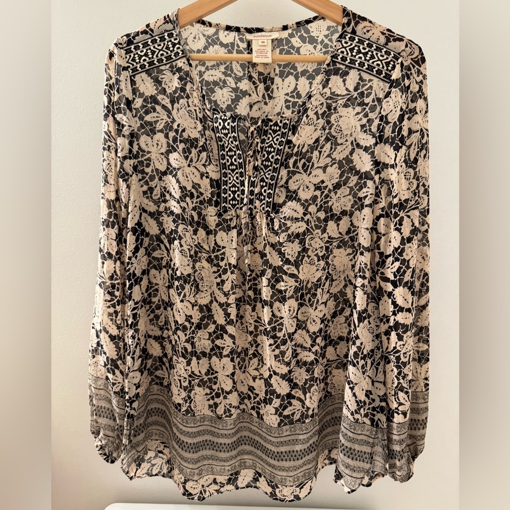 Sundance 100% Silk Semi‑Sheer Floral Blouse – M